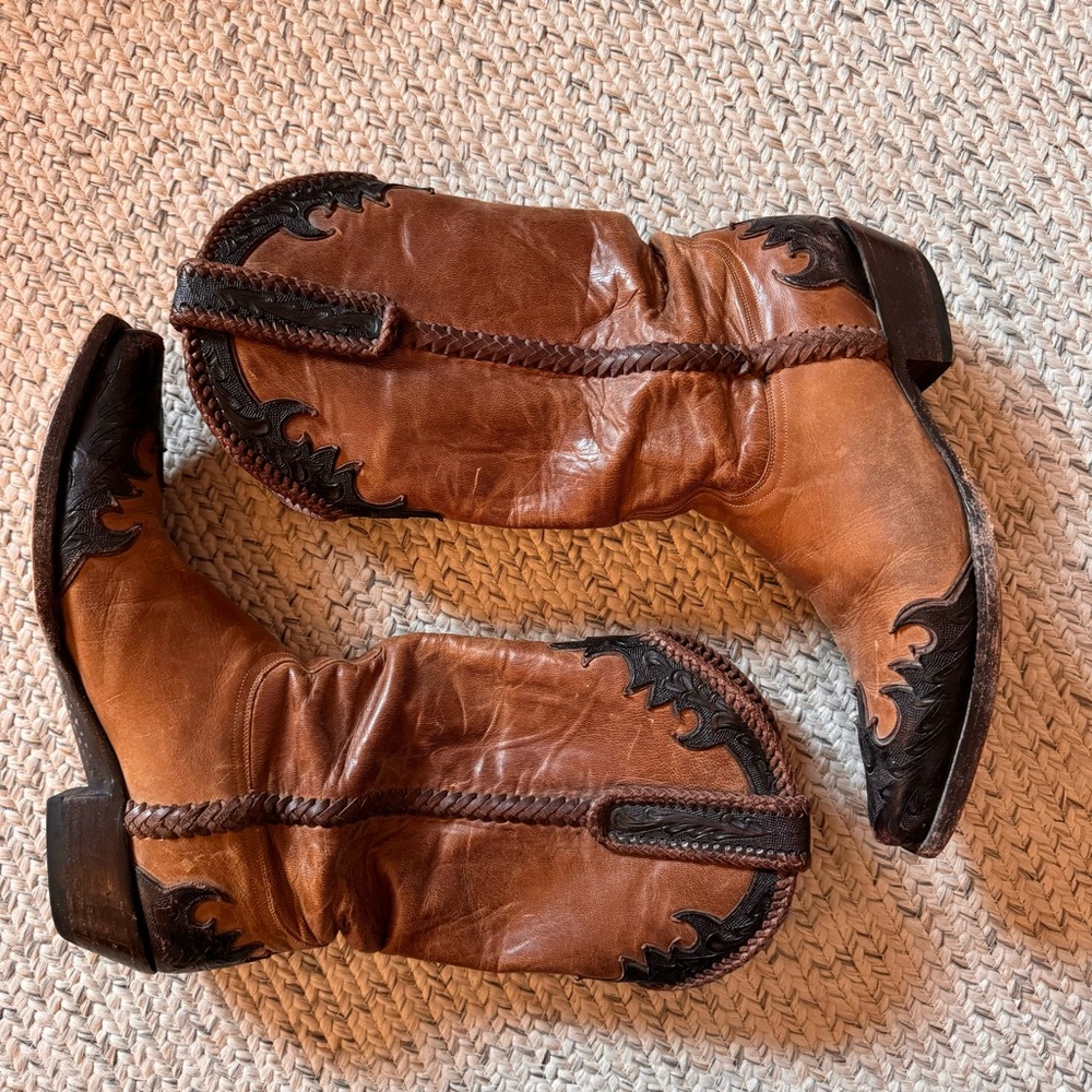 JB Dillon Western Boots tooled leather snipped toe brown braided accent - Picture 5 of 8